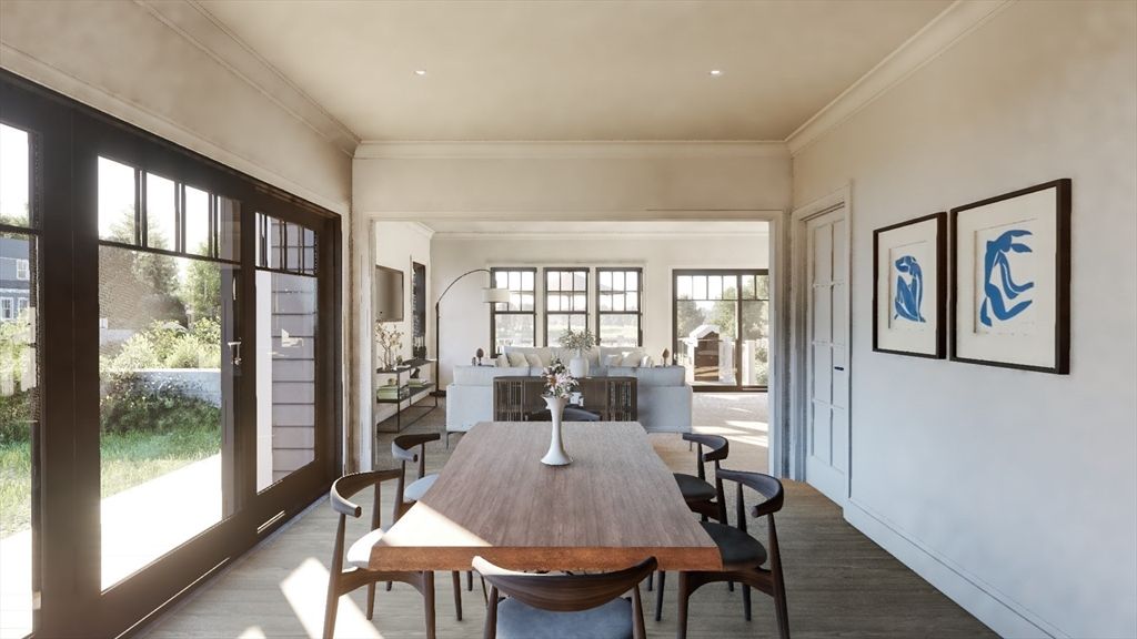 Dining room, Interior, Living room, Recessed Lighting, Wood Texture Flooring