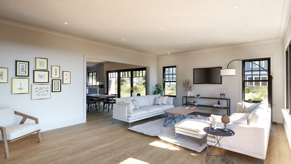 Dining room, Interior, Living room, Recessed Lighting, Wood Texture Flooring