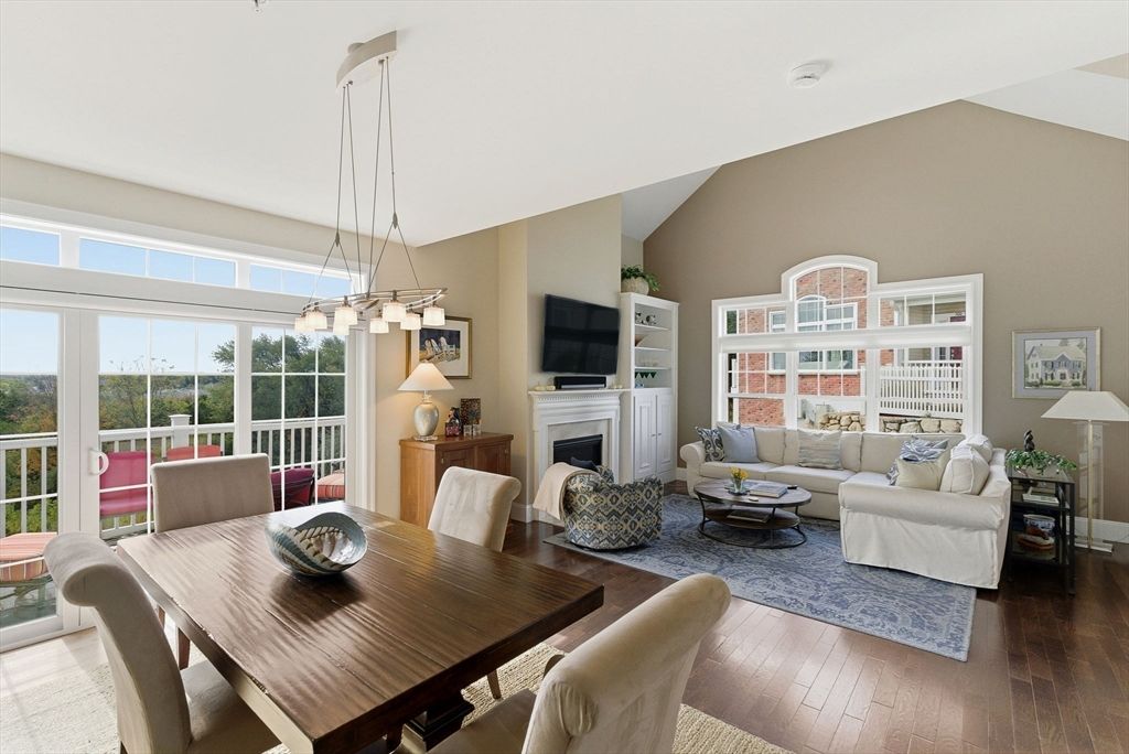 Dining room, Fireplace, Interior, Living room, Pendant Lights, Wood Texture Flooring