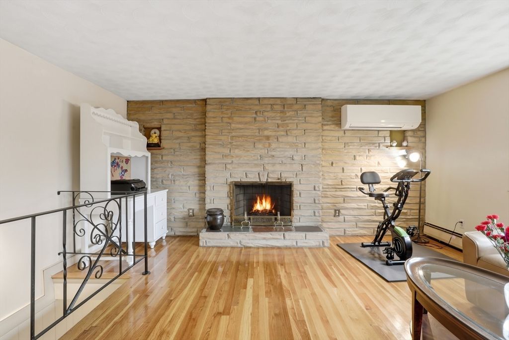 Fireplace, Fitness Equipment, Interior, Stone Walls, Wood Texture Flooring