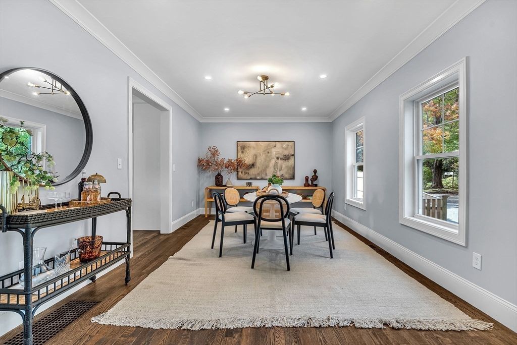 Dining room, Interior, Recessed Lighting, Wood Texture Flooring