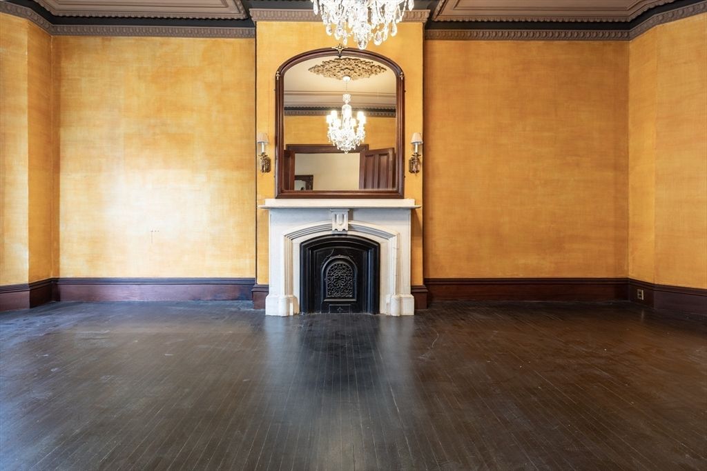 Chandelier, Empty room, Fireplace, Interior, Wood Texture Flooring