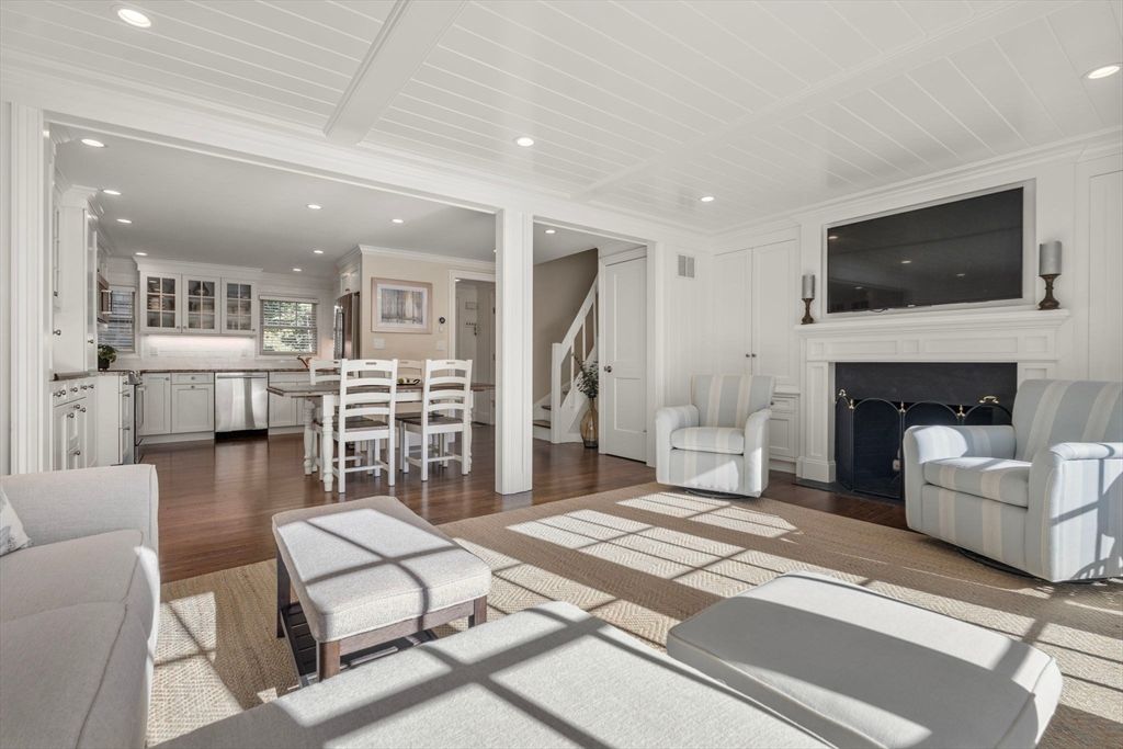 Dining room, Fireplace, Interior, Kitchen, Living room, Recessed Lighting, Wood Texture Flooring