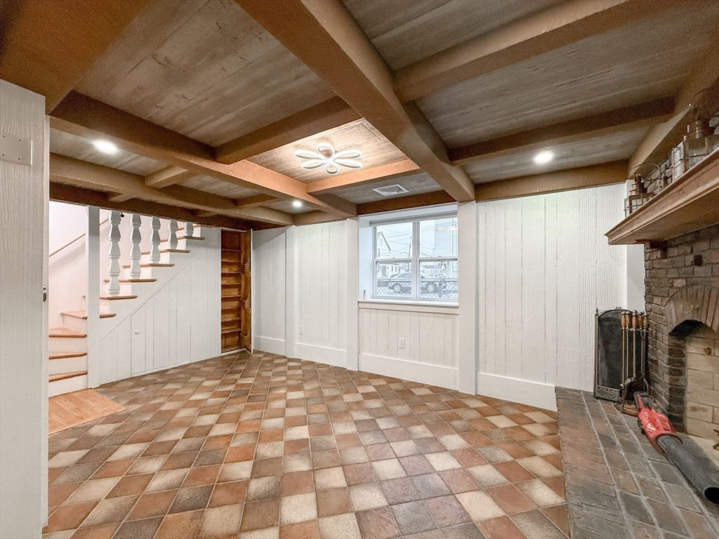 Empty room, Fireplace, Interior, Recessed Lighting, Wooden Beams