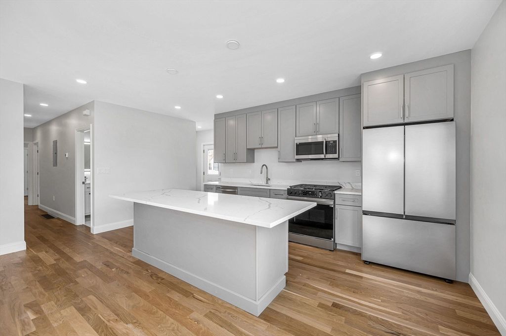 Interior, Kitchen, Recessed Lighting, Stainless Steel Appliances, Wood Texture Flooring