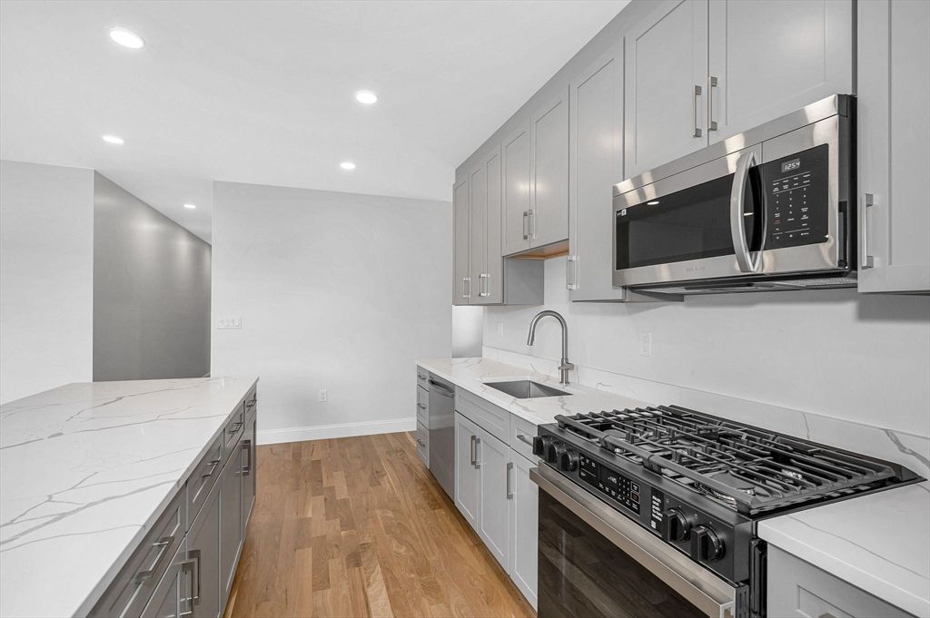 Interior, Kitchen, Recessed Lighting, Stainless Steel Appliances, Wood Texture Flooring