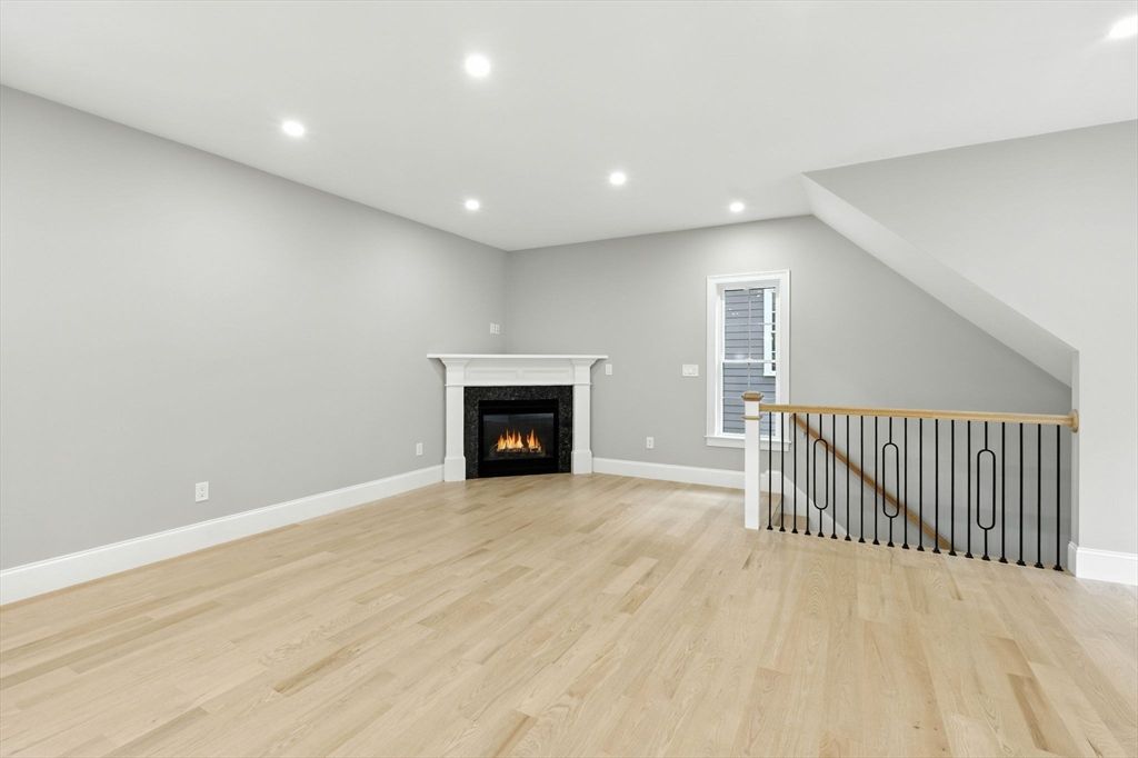 Empty room, Fireplace, Interior, Recessed Lighting, Wood Texture Flooring