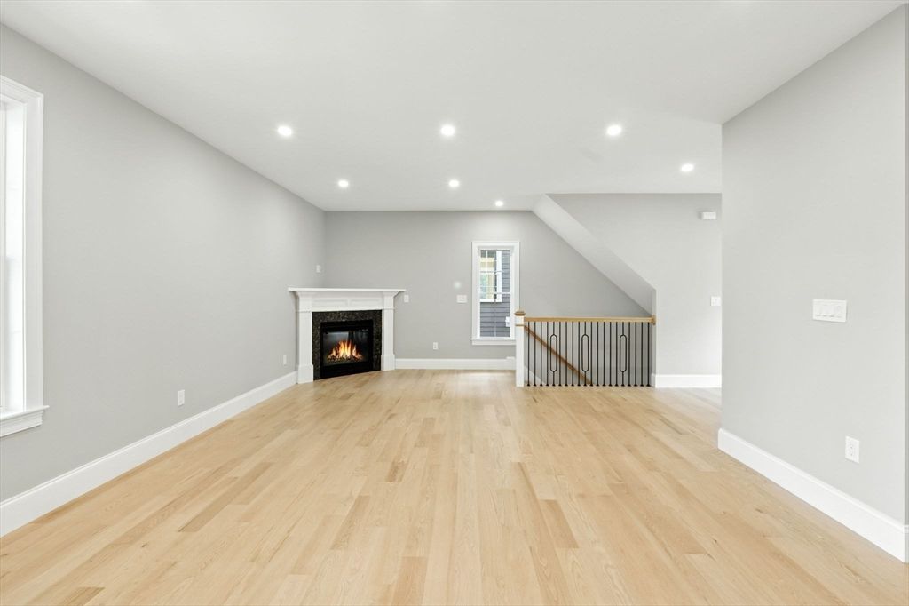 Empty room, Fireplace, Interior, Recessed Lighting, Wood Texture Flooring