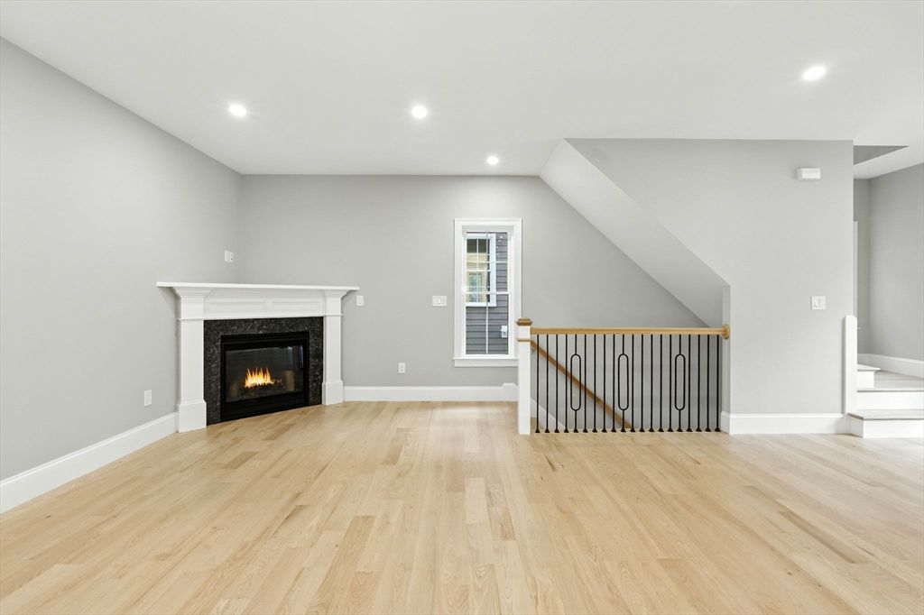 Empty room, Fireplace, Interior, Recessed Lighting, Wood Texture Flooring