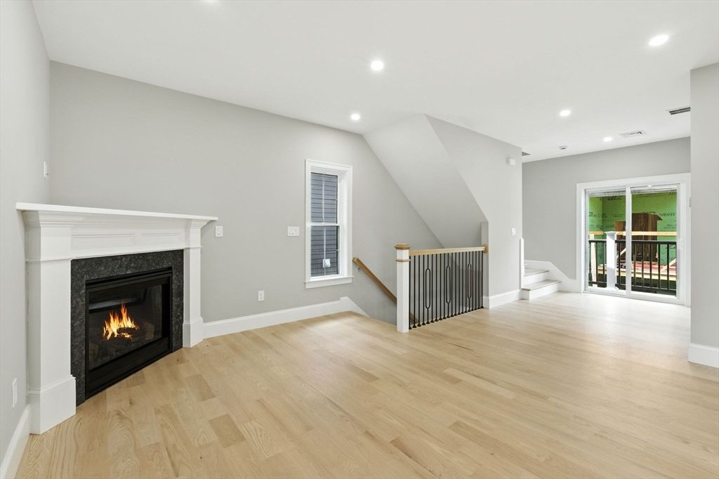 Empty room, Fireplace, Interior, Recessed Lighting, Wood Texture Flooring