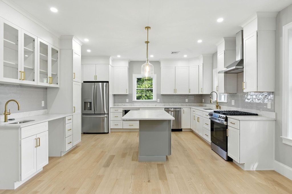 Interior, Kitchen, Pendant Lights, Recessed Lighting, Stainless Steel Appliances, Wood Texture Flooring