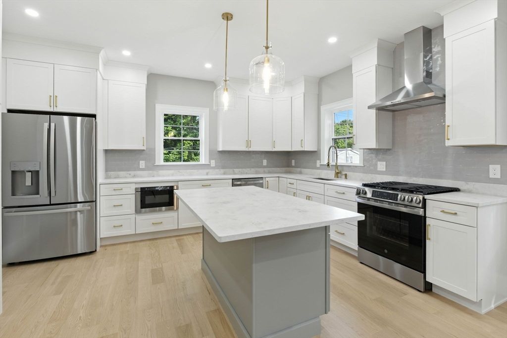 Interior, Kitchen, Pendant Lights, Recessed Lighting, Stainless Steel Appliances, Wood Texture Flooring