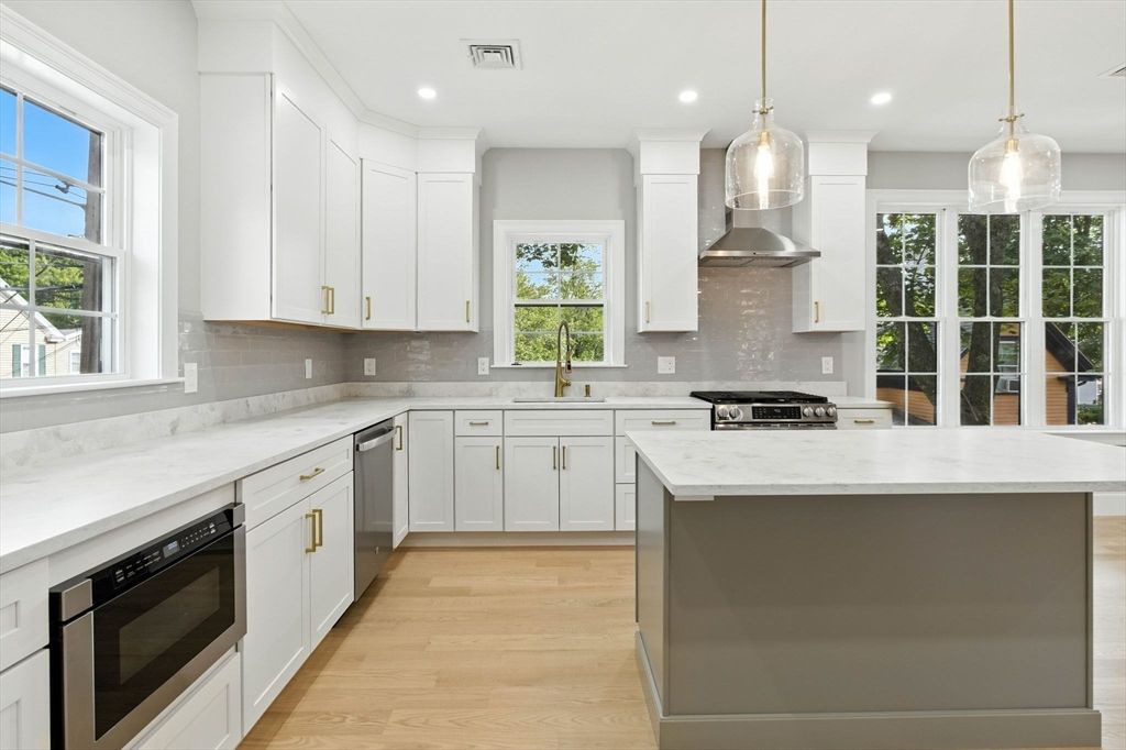 Interior, Kitchen, Pendant Lights, Recessed Lighting, Stainless Steel Appliances, Wood Texture Flooring