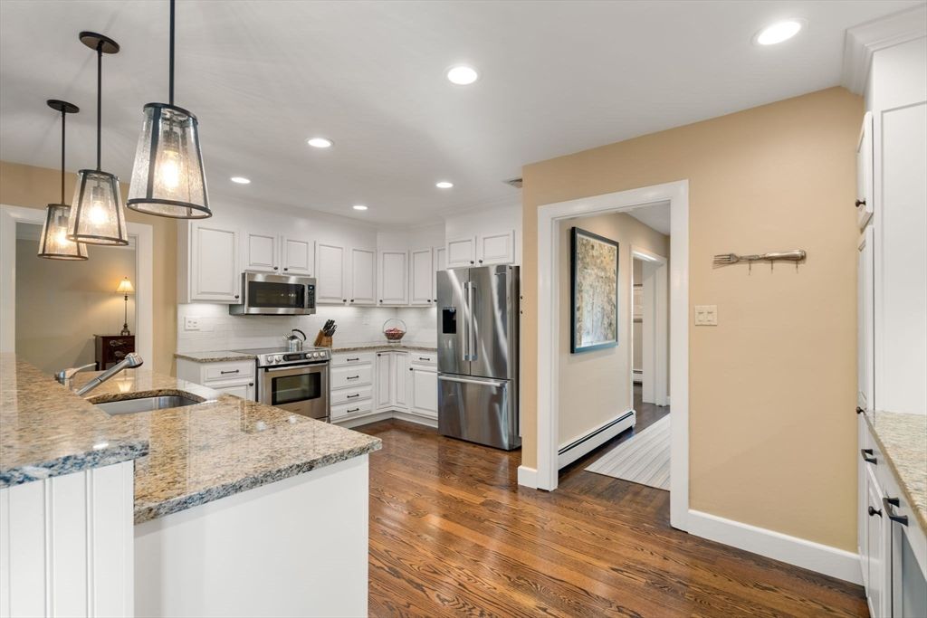 Interior, Kitchen, Pendant Lights, Recessed Lighting, Stainless Steel Appliances, Wood Texture Flooring