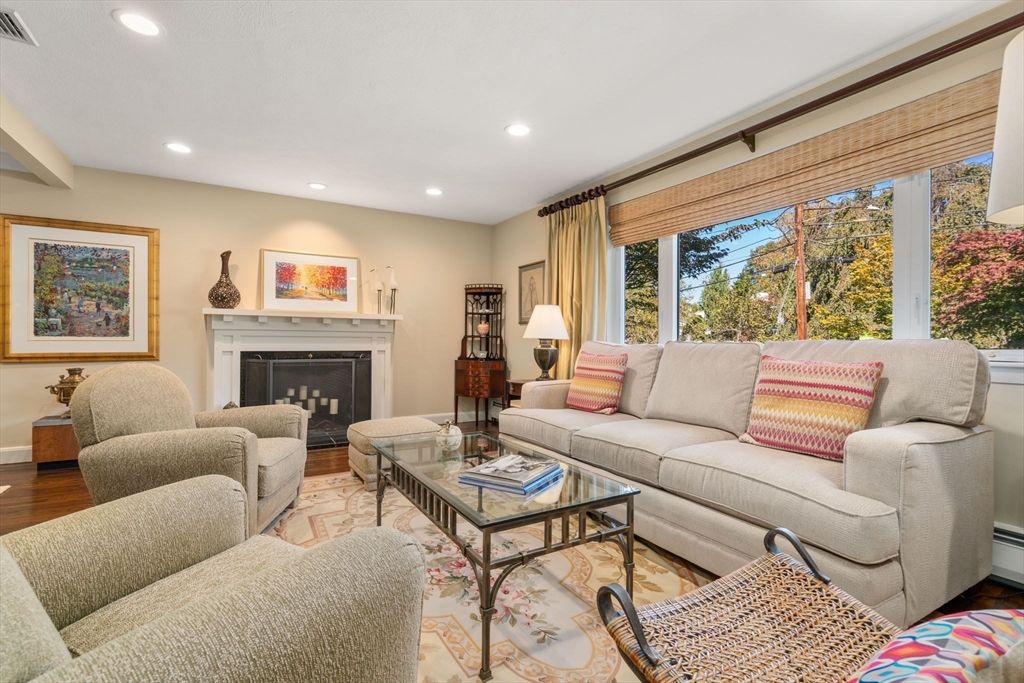 Fireplace, Interior, Living room, Recessed Lighting, Wood Texture Flooring