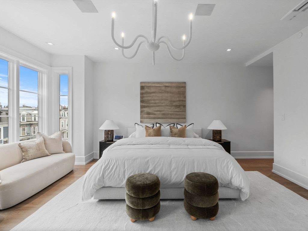 Bedroom, Chandelier, Interior, Recessed Lighting, Wood Texture Flooring