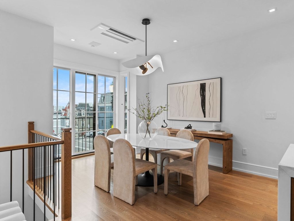 Dining room, Interior, Pendant Lights, Recessed Lighting, Wood Texture Flooring