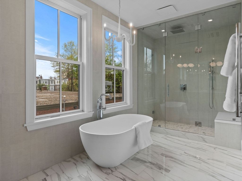Bathroom, Free Standing Baths, Glass Shower, Interior, Marble, Recessed Lighting
