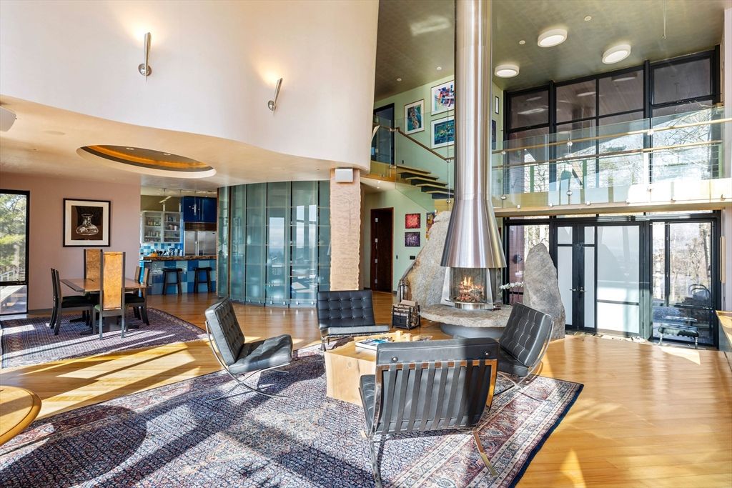 Dining room, Fireplace, Interior, Living room, Recessed Lighting, Wood Texture Flooring