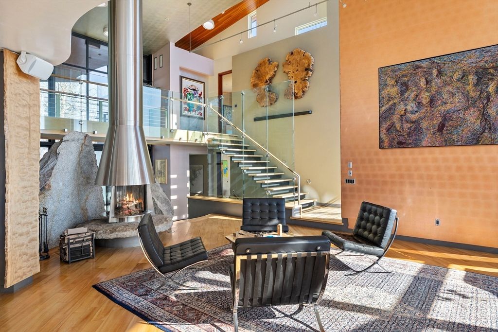 Fireplace, Interior, Recessed Lighting, Wood Texture Flooring