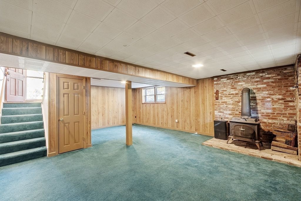 Empty room, Fireplace, Interior, Recessed Lighting, Stone Walls, Wooden Walls