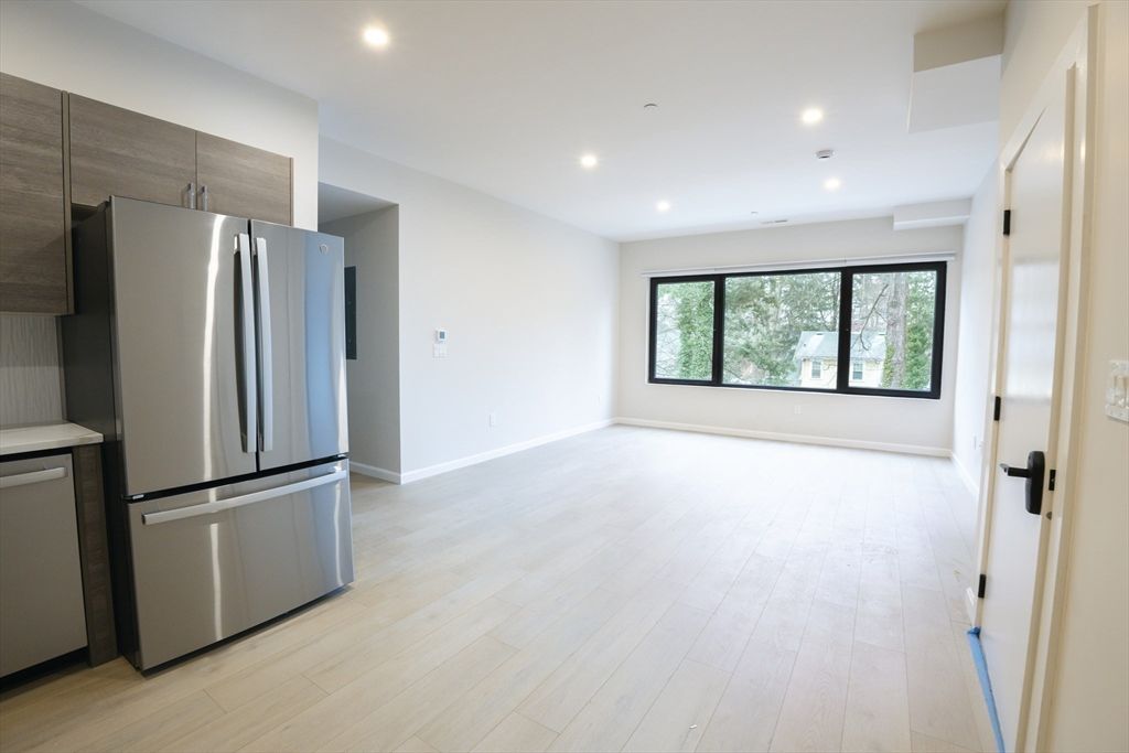 Empty room, Interior, Kitchen, Recessed Lighting, Wood Texture Flooring