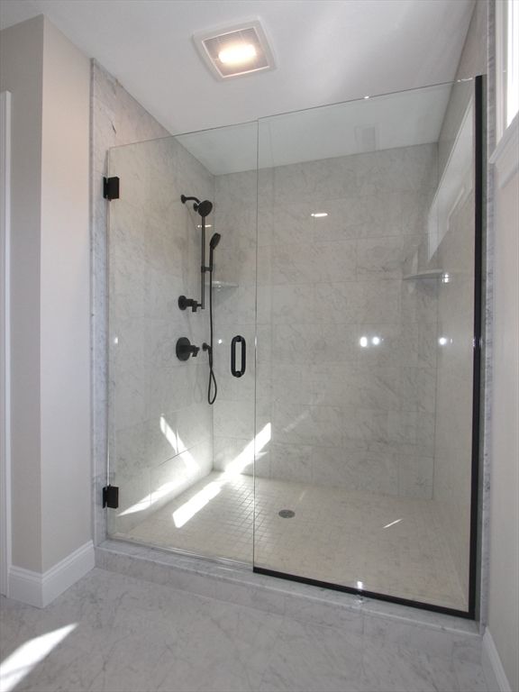 Bathroom, Glass Shower, Interior, Marble, Marble Walls, Recessed Lighting