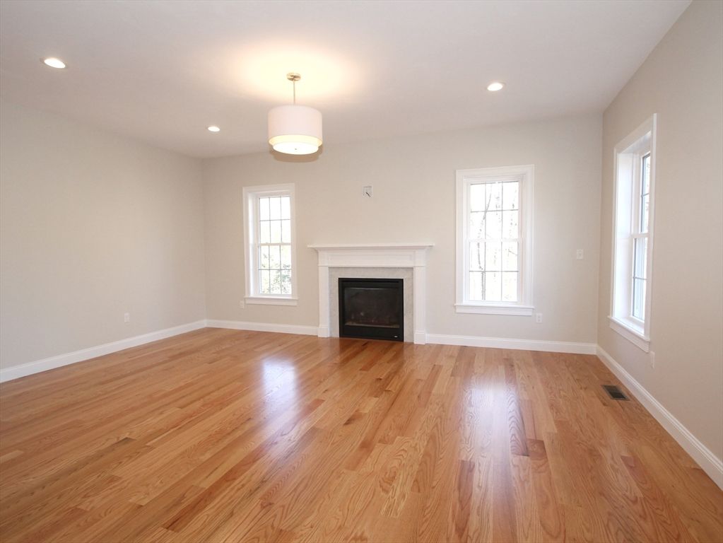 Empty room, Fireplace, Interior, Recessed Lighting, Wood Texture Flooring