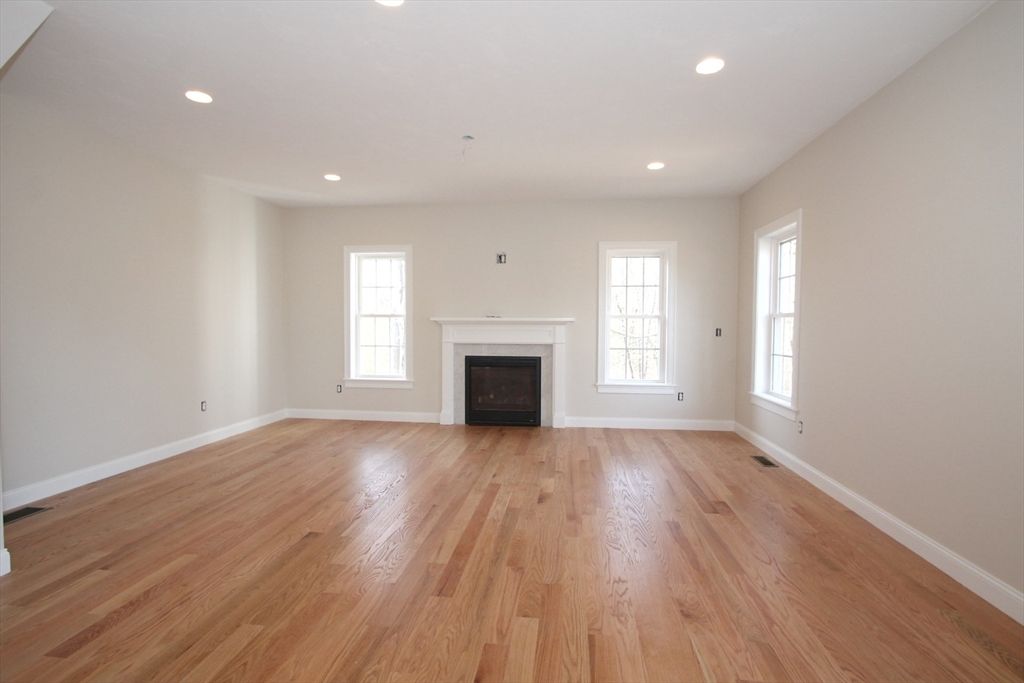 Empty room, Fireplace, Interior, Recessed Lighting, Wood Texture Flooring
