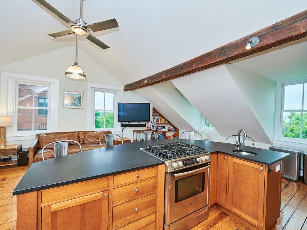 Interior, Kitchen, Pendant Lights, Stainless Steel Appliances, Wooden Beams, Wood Texture Flooring