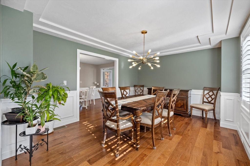 Dining room, Interior, Pendant Lights, Wood Texture Flooring