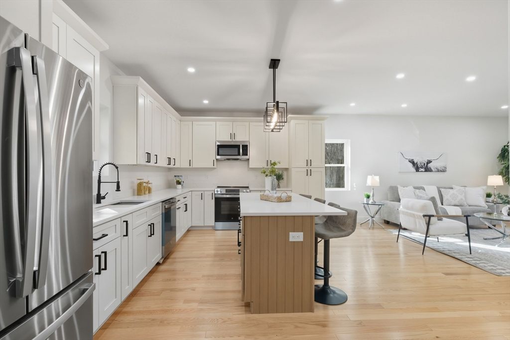 Interior, Kitchen, Living room, Pendant Lights, Recessed Lighting, Stainless Steel Appliances, Wood Texture Flooring