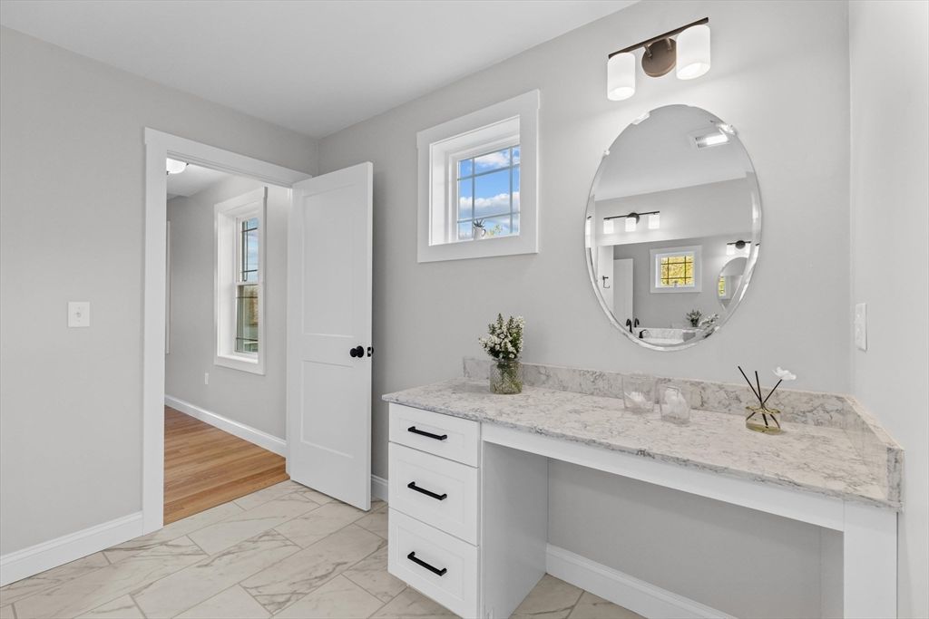 Bathroom, Dual Sink Vanities, Interior, Marble, Wood Texture Flooring
