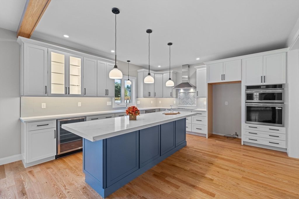 Interior, Kitchen, Pendant Lights, Recessed Lighting, Stainless Steel Appliances, Wooden Beams, Wood Texture Flooring