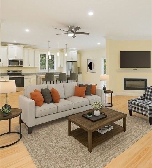 Dining room, Fireplace, Interior, Kitchen, Living room, Pendant Lights, Recessed Lighting, Stainless Steel Appliances, Wood Texture Flooring