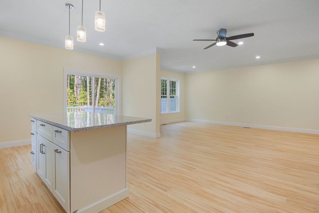Empty room, Interior, Kitchen, Pendant Lights, Recessed Lighting, Wood Texture Flooring