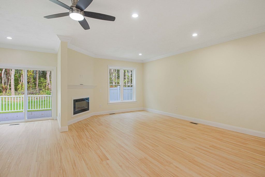 Empty room, Fireplace, Interior, Recessed Lighting, Wood Texture Flooring