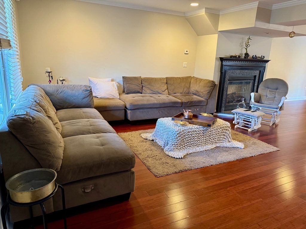 Fireplace, Interior, Living room, Recessed Lighting, Wood Texture Flooring