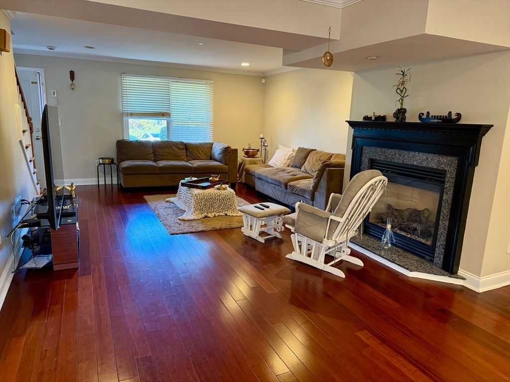 Fireplace, Interior, Living room, Recessed Lighting, Wood Texture Flooring