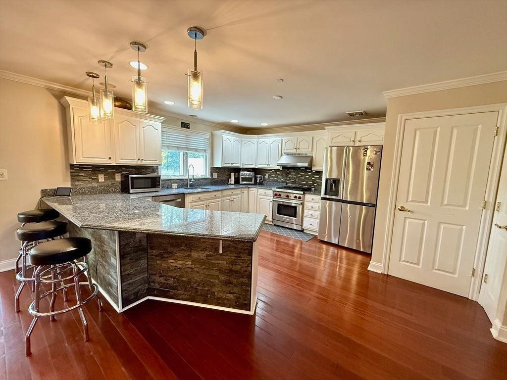 Interior, Kitchen, Pendant Lights, Recessed Lighting, Stainless Steel Appliances, Wood Texture Flooring