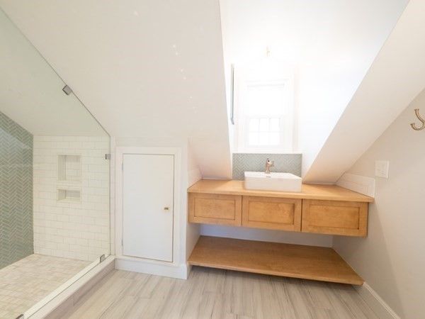 Bathroom, Glass Shower, Interior, Wood Texture Flooring