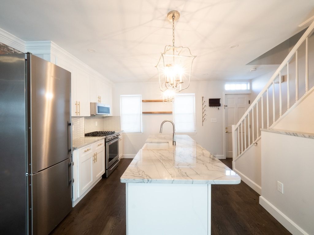 Interior, Kitchen, Pendant Lights, Stainless Steel Appliances, Wood Texture Flooring