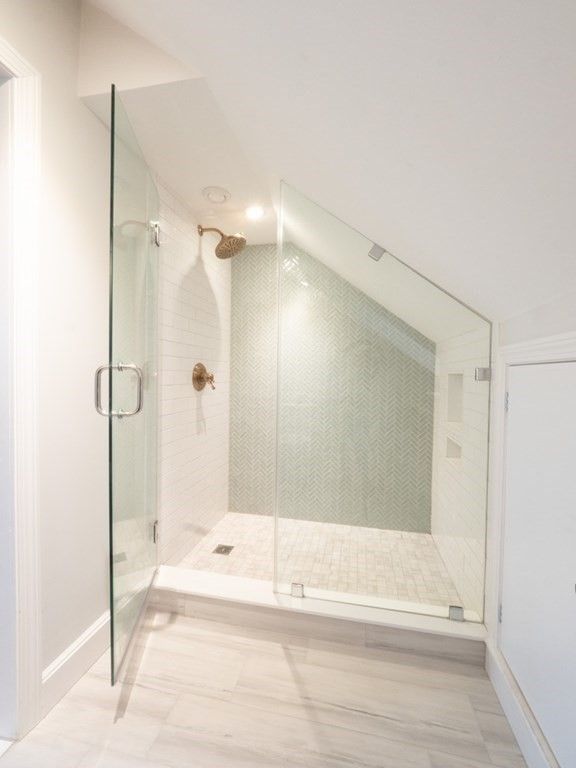 Bathroom, Glass Shower, Interior, Recessed Lighting, Wood Texture Flooring