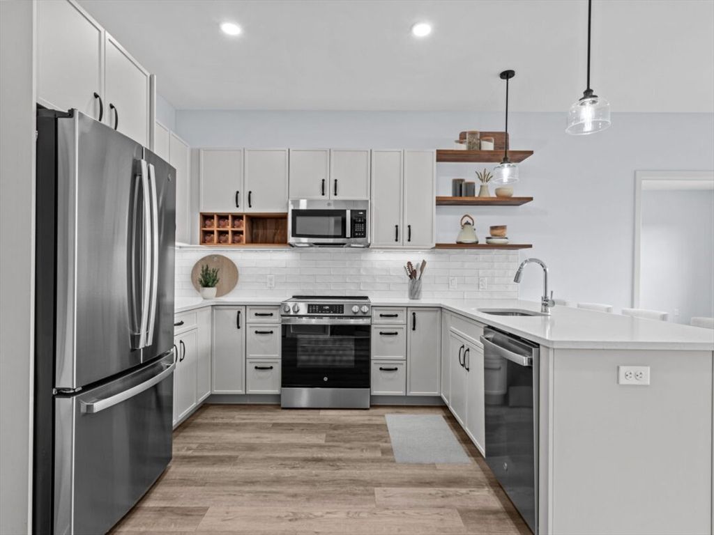 Interior, Kitchen, Pendant Lights, Recessed Lighting, Stainless Steel Appliances, Wood Texture Flooring
