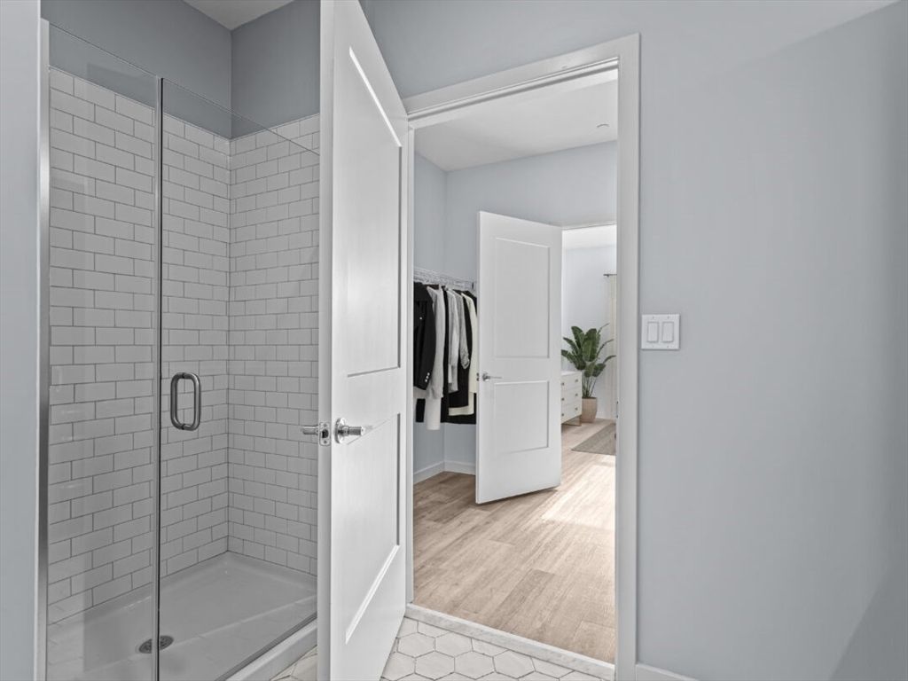 Bathroom, Glass Shower, Interior, Wood Texture Flooring