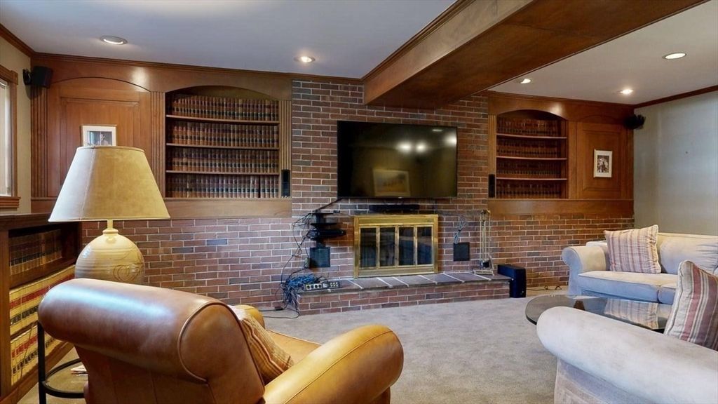 Fireplace, Interior, Living room, Recessed Lighting, Stone Walls