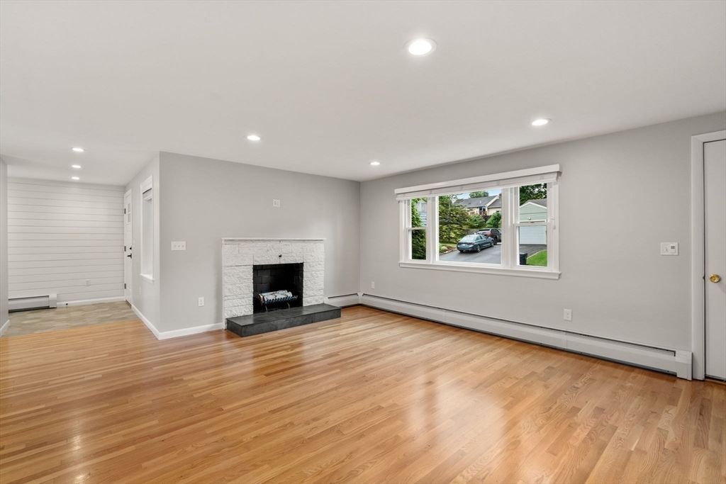 Empty room, Fireplace, Interior, Recessed Lighting, Wood Texture Flooring