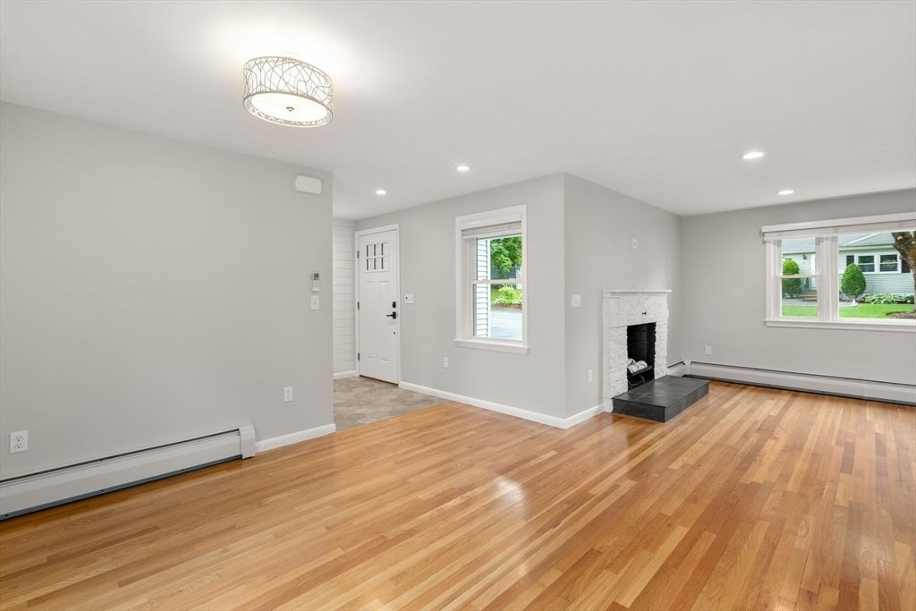 Empty room, Fireplace, Interior, Recessed Lighting, Wood Texture Flooring
