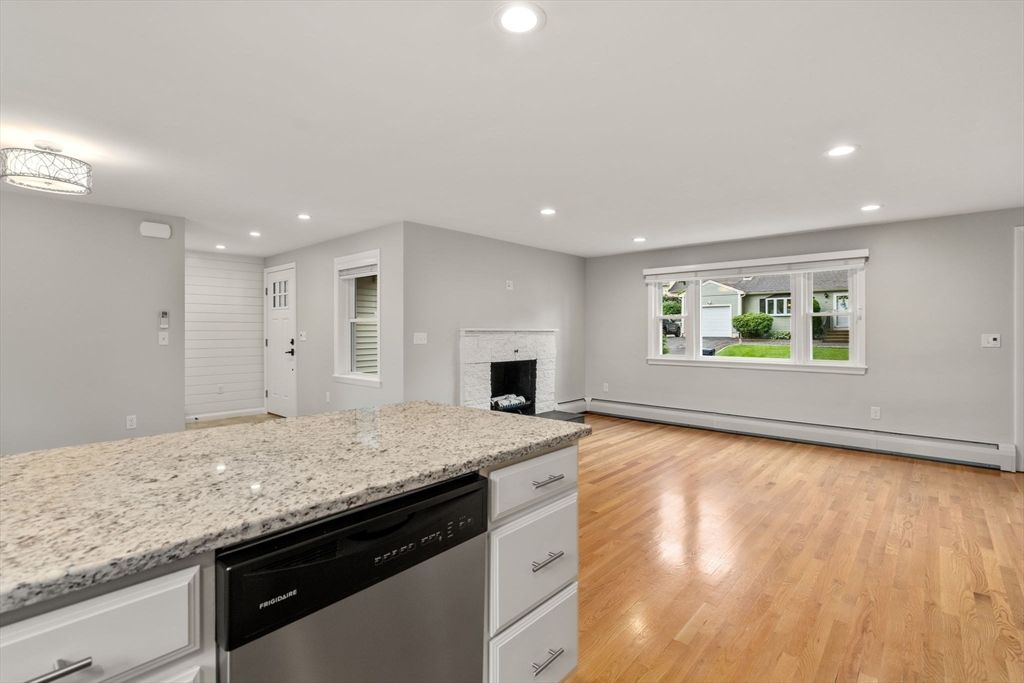 Fireplace, Interior, Kitchen, Recessed Lighting, Wood Texture Flooring