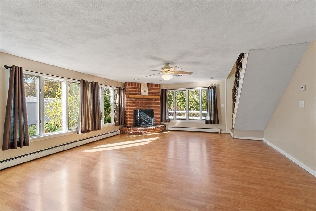 Empty room, Fireplace, Interior, Stone Walls, Wood Texture Flooring